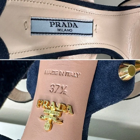 PRADA Navy Blue Suede Gold Stud Platform Sandals Heels 37.5 Italy - Picture 9 of 13